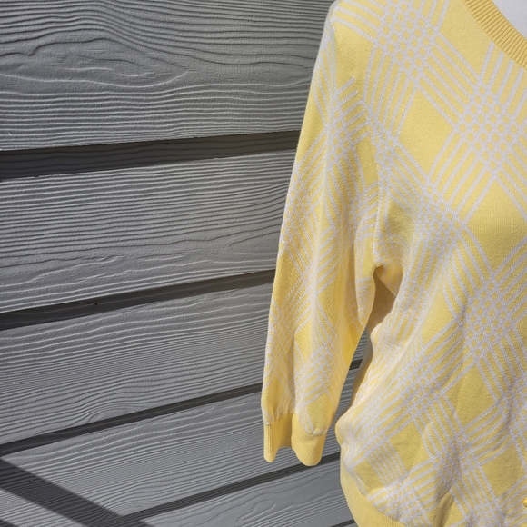 Talbots Petite Yellow-White Argyle Cardigan Sweater 3/4 Sleeve Size Lp - Picture 3 of 8